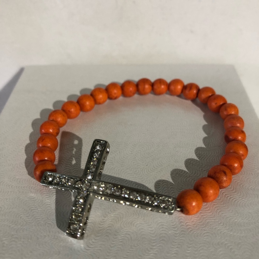 Crystal Cross & Orange Bead Stretch Bracelet